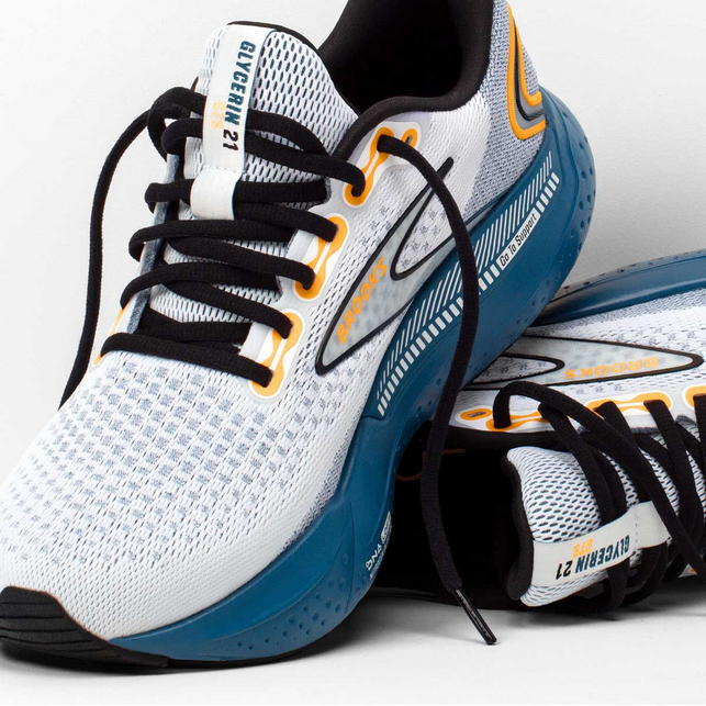 Tenis Running Brooks GLYCERIN GTS 21 Blanco Azul Hombre